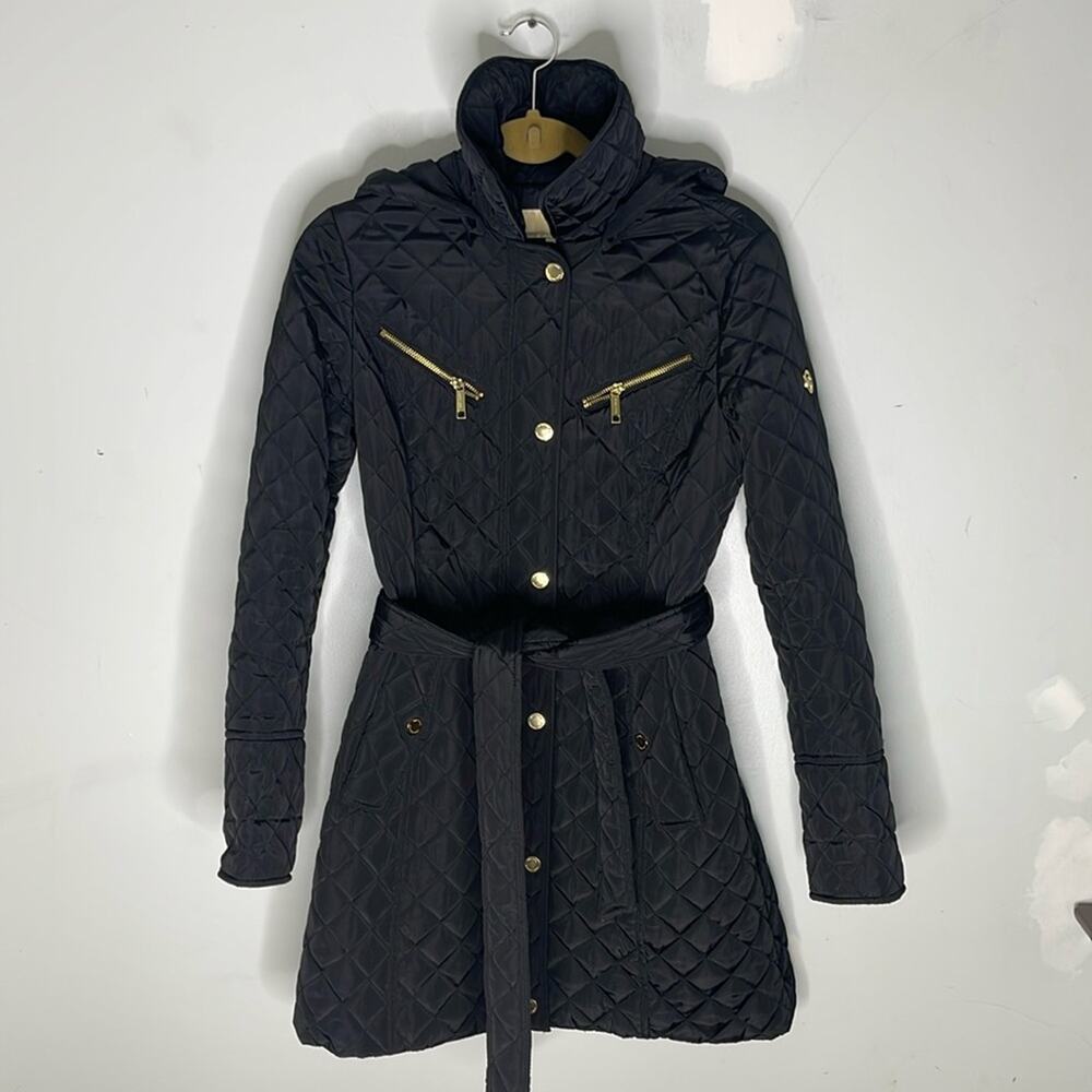 MICHAEL KORS Black Quilted Polyester Belted Hooded Winter Coat Size Small